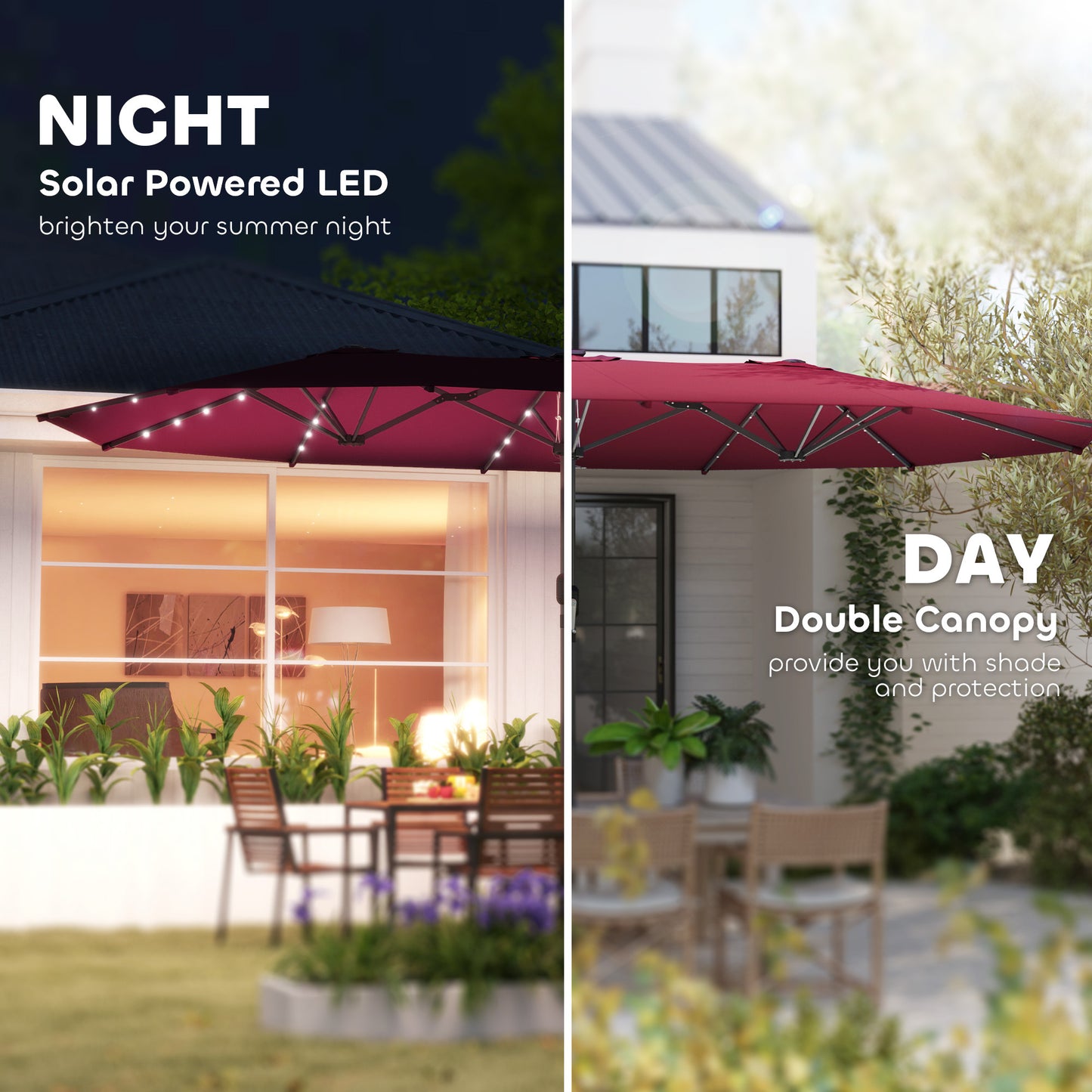 Garden Parasol, Double-Sided Sun Umbrella With LED Solar Lights, Patio Parasol For Outdoor, Wine Red