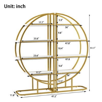 4 Tiers Home Office Open Bookshelf, Round Shape, Different Placement Ways, MDF Board, Gold Metal Frame, Golden