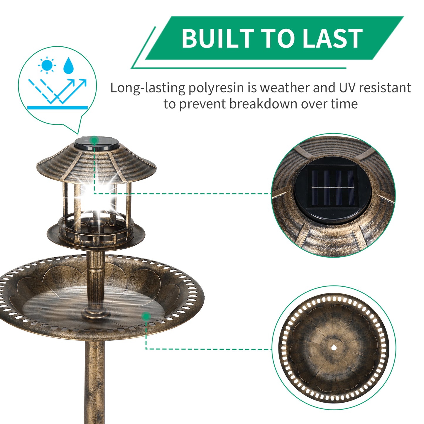 Bronze, With Solar Light, Bird Bath 51x51x106cm Plastic Round