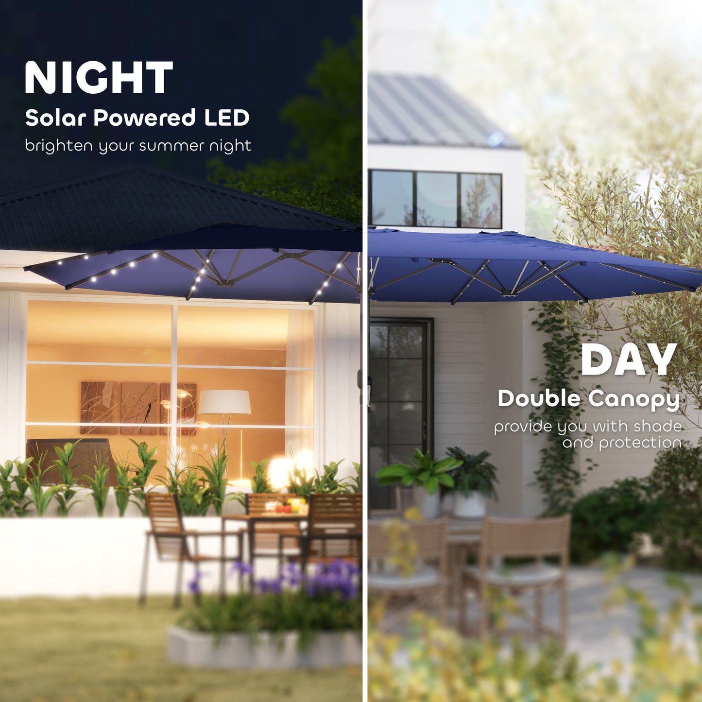 Garden Parasol, Double-Sided Sun Umbrella With LED Solar Lights, Patio Parasol For Outdoor, Navy Blue