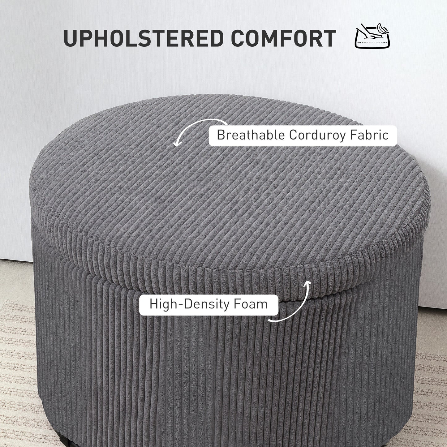 24 Inches Round Storage Ottoman Stool With Lid, Upholstered Corduroy Foot Rest For Living Room, Bedroom, Gray