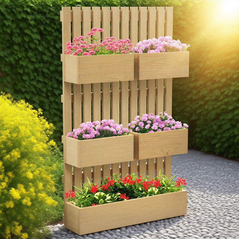 5 Box Raised Garden Bed Trellis For Climbing Plants, Wall-Mounted Wood Planters Drainage Holes, Natural