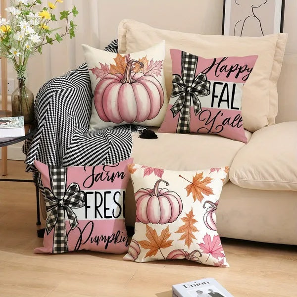 4Pcs Pillow Covers 18x18In Pumpkin Maple Leaf Throw Cushion Cover Happy Fall Pillow Cushion Case For Thanksgiving Sofa Couch Bedroom Home Office Farmhouse Decorations