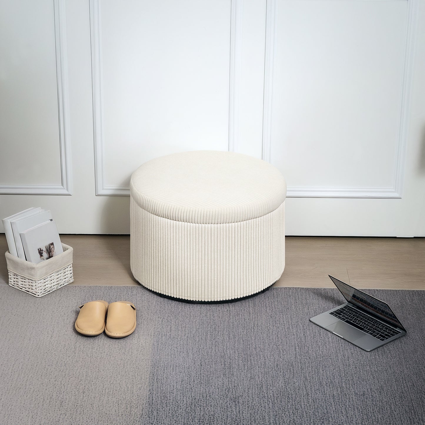 24 Inches Round Storage Ottoman Stool With Lid, Upholstered Corduroy Foot Rest For Living Room, Bedroom, Beige