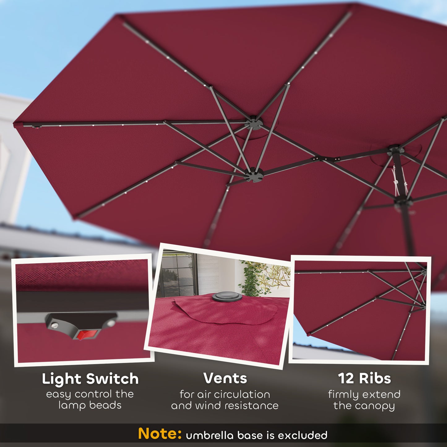 Garden Parasol, Double-Sided Sun Umbrella With LED Solar Lights, Patio Parasol For Outdoor, Wine Red