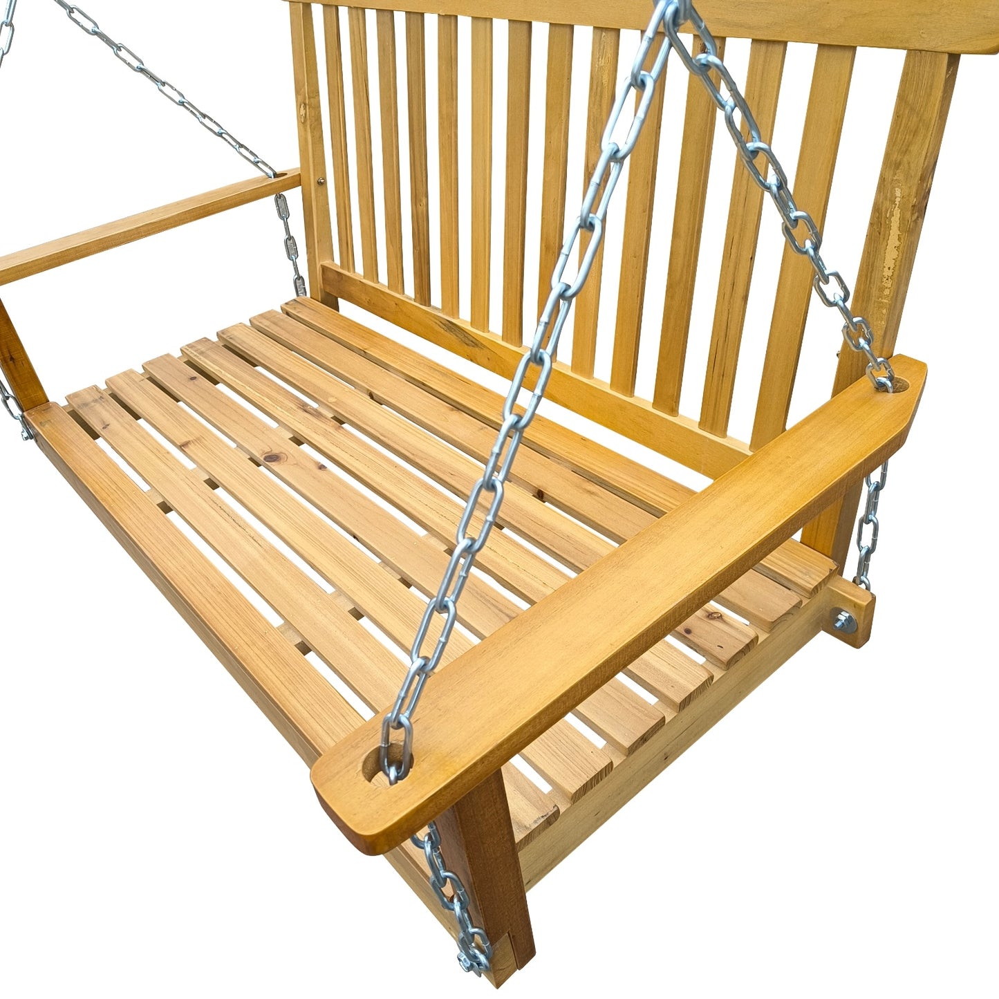 Wood Porch Swing With Armrests & Hanging Chains For Patio, Garden Yard