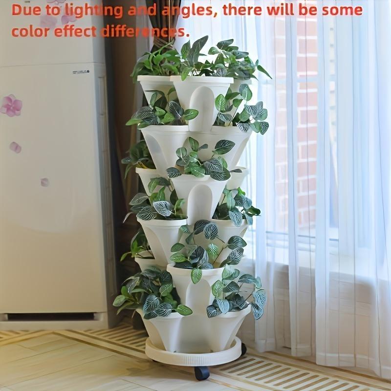 16 Pieces 5-Layer Stackable Flower Pots Vertical Garden Flowers Herbs Strawberry Vegetables Durable Plastic With Mobile Wheels Indoor And Outdoor Flower Pots