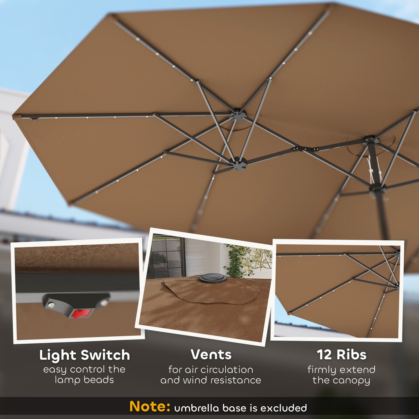 Garden Parasol, Double-Sided Sun Umbrella With LED Solar Lights, Patio Parasol For Outdoor, Coffee