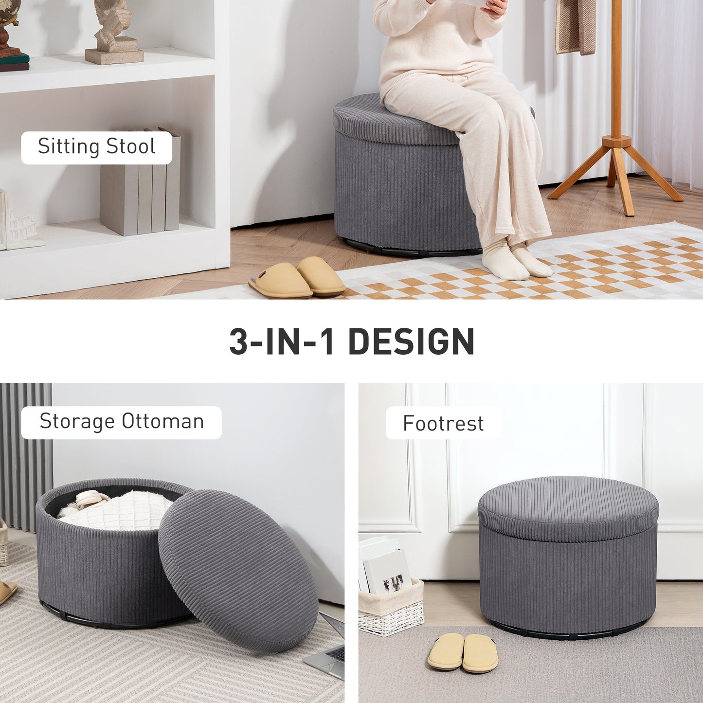 24 Inches Round Storage Ottoman Stool With Lid, Upholstered Corduroy Foot Rest For Living Room, Bedroom, Gray