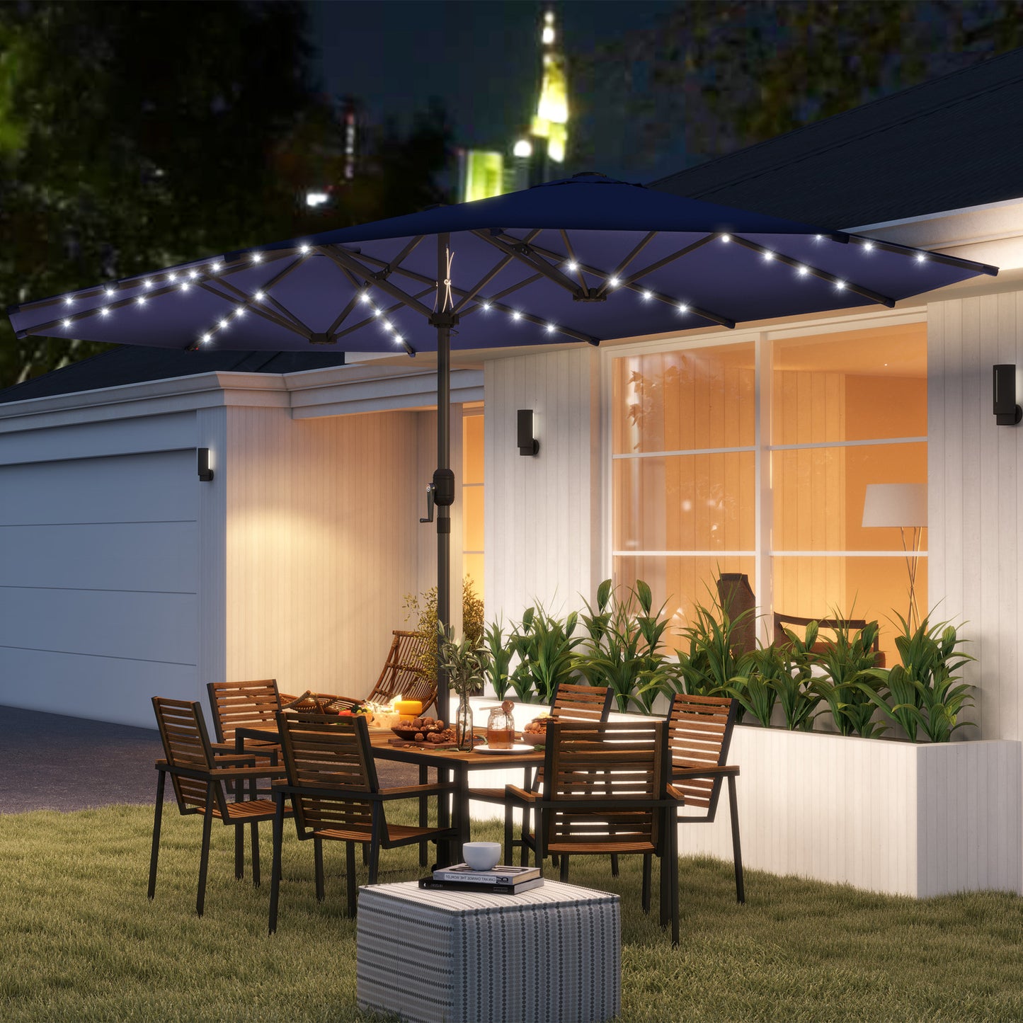 Garden Parasol, Double-Sided Sun Umbrella With LED Solar Lights, Patio Parasol For Outdoor, Navy Blue