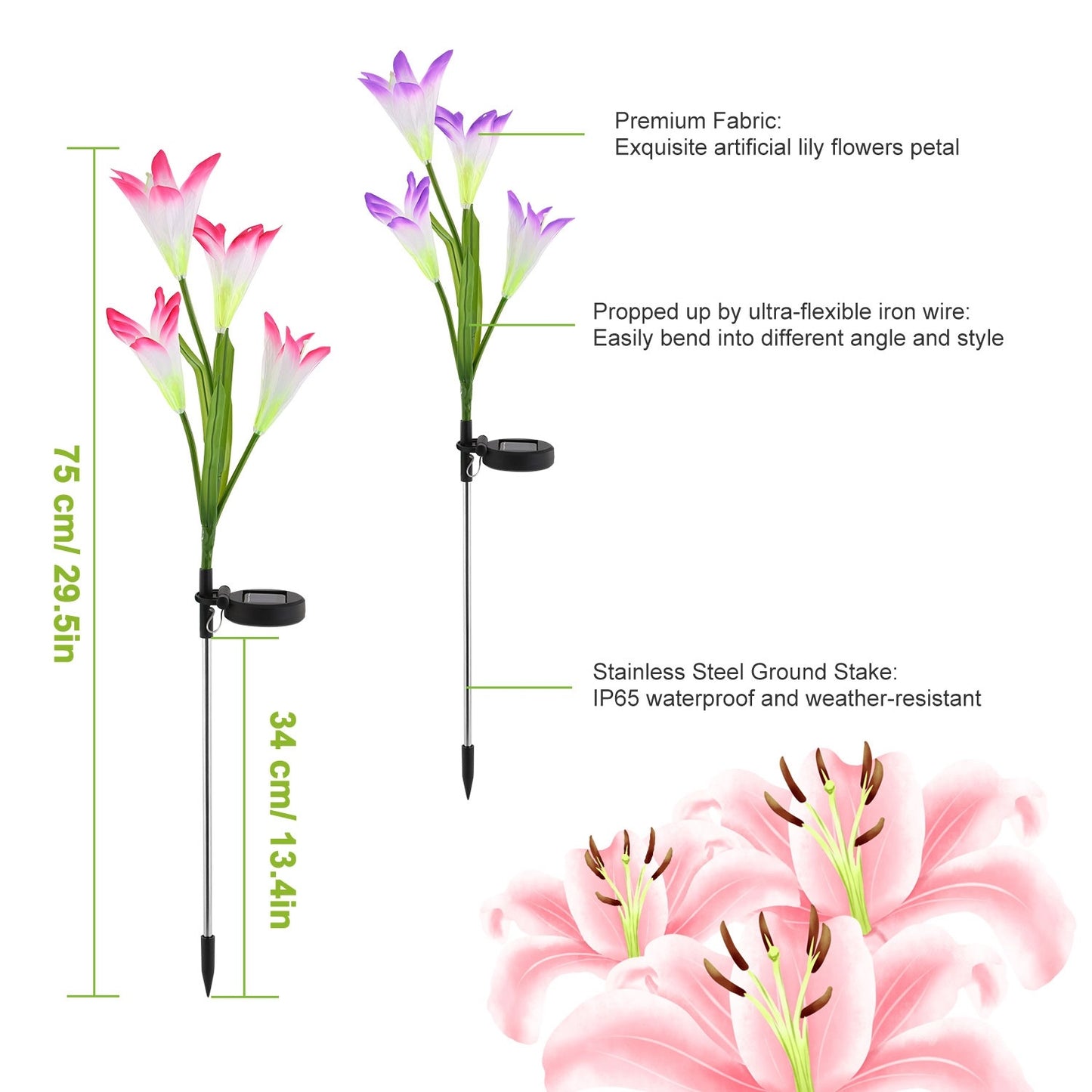 2Pcs Solar Pathway Lights Outdoor Lily Flower 7-Color Changing IP65 Waterproof For Garden Patio Yard Walkway