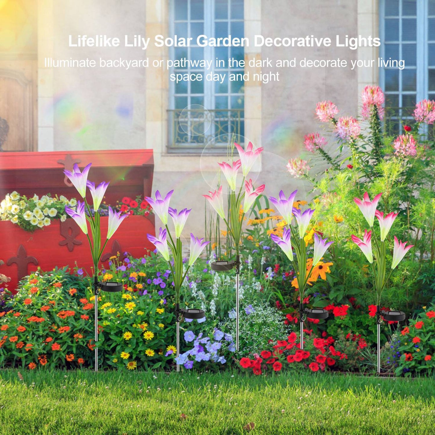 2Pcs Solar Pathway Lights Outdoor Lily Flower 7-Color Changing IP65 Waterproof For Garden Patio Yard Walkway