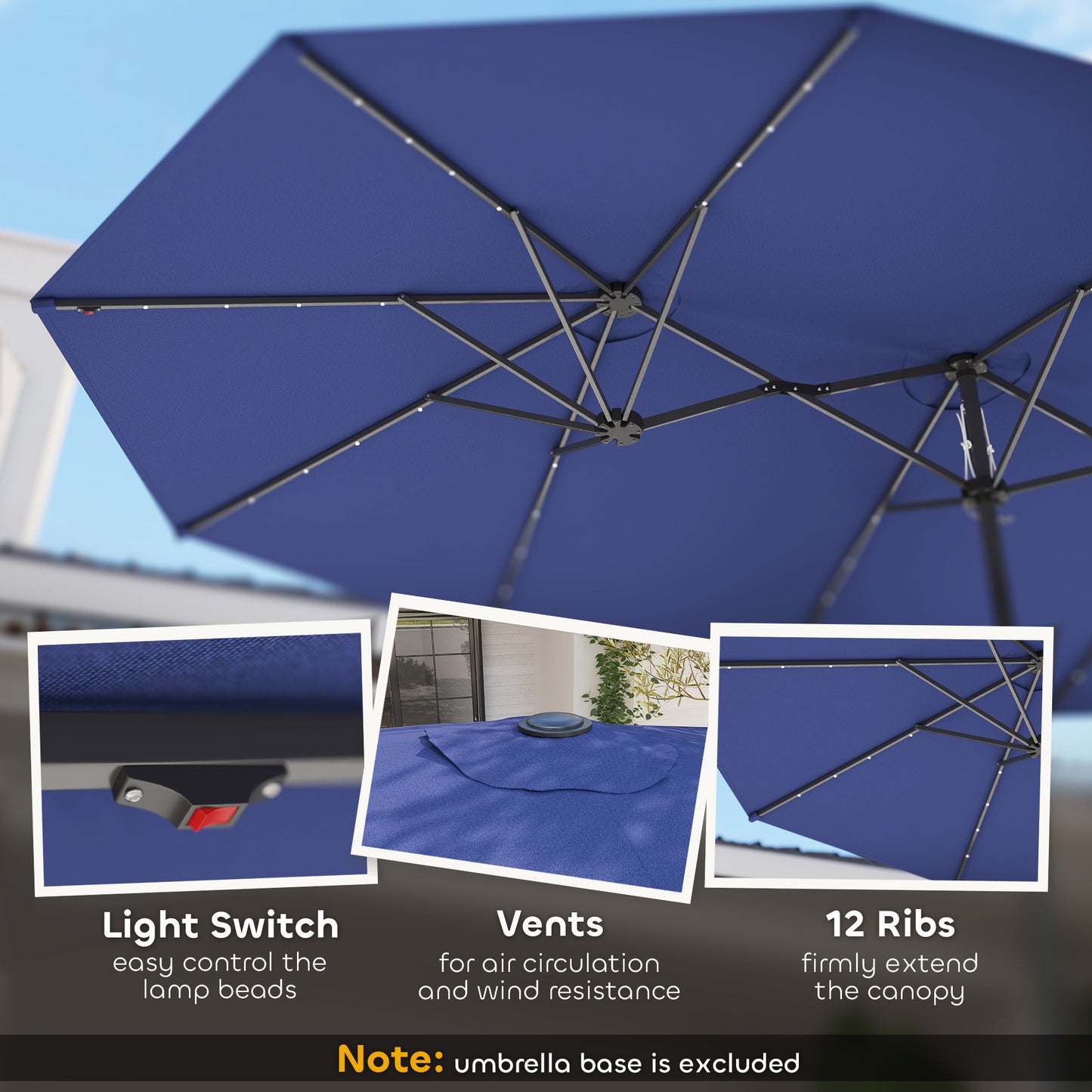 Garden Parasol, Double-Sided Sun Umbrella With LED Solar Lights, Patio Parasol For Outdoor, Navy Blue