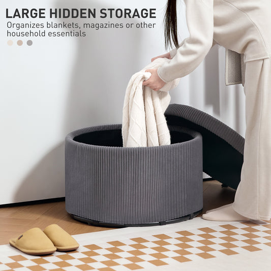 24 Inches Round Storage Ottoman Stool With Lid, Upholstered Corduroy Foot Rest For Living Room, Bedroom, Gray