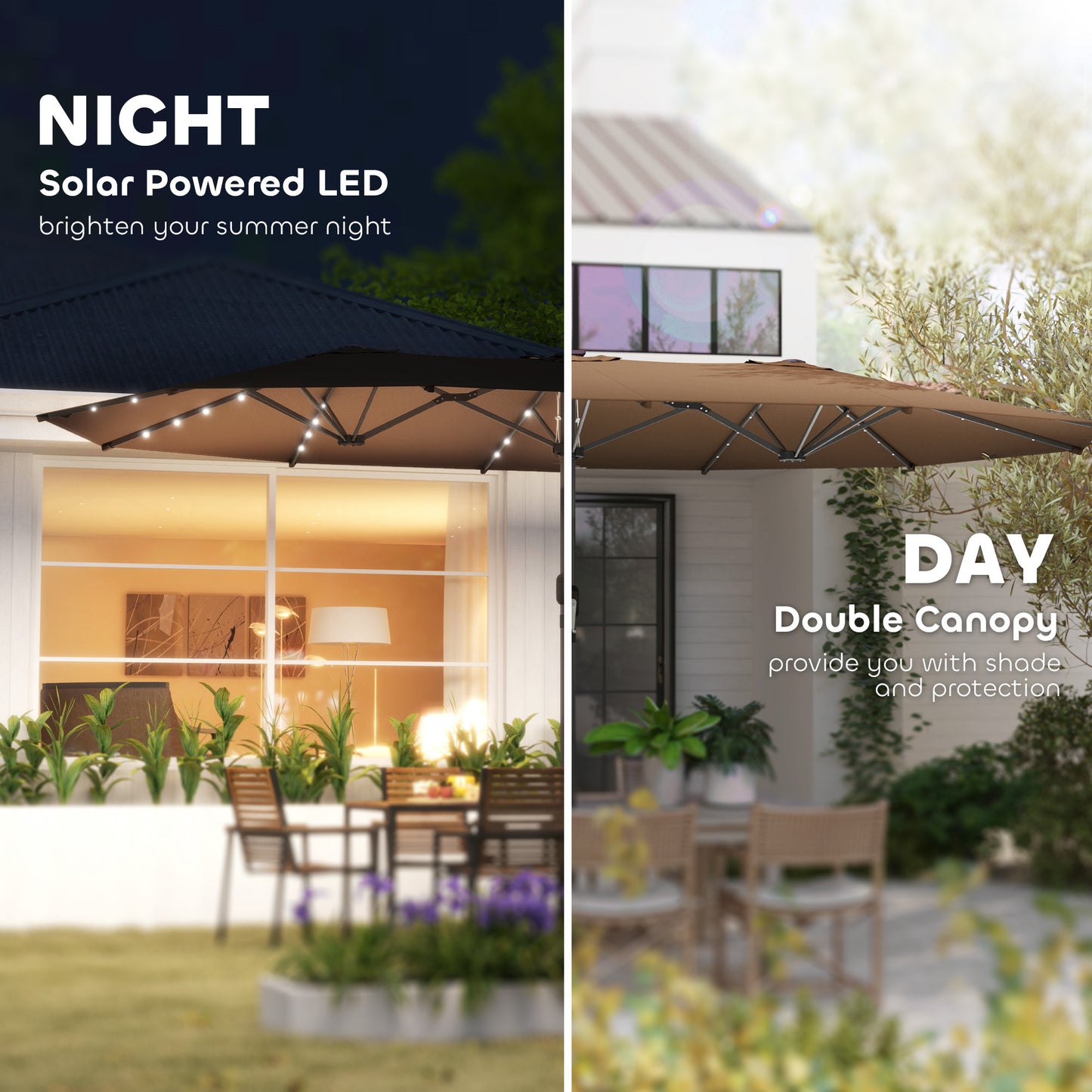Garden Parasol, Double-Sided Sun Umbrella With LED Solar Lights, Patio Parasol For Outdoor, Coffee