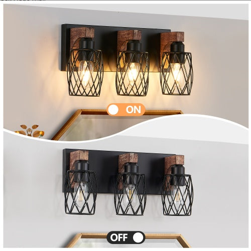 18 Industrial Vintage 3-Light Wall Sconce - Black Cage Wall Lighting Fixture With Wooden Accents For Bathroom, Hallway, Or Living Room Bulb Not Included
