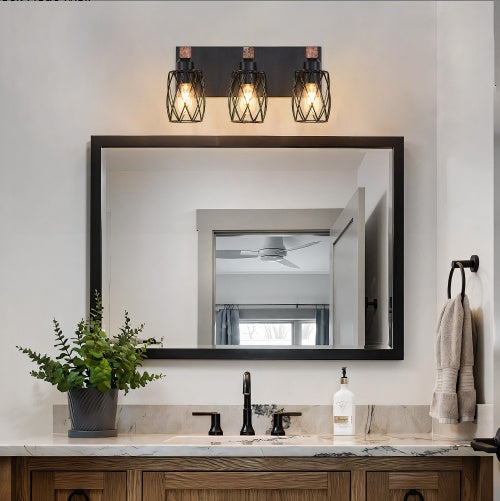 18 Industrial Vintage 3-Light Wall Sconce - Black Cage Wall Lighting Fixture With Wooden Accents For Bathroom, Hallway, Or Living Room Bulb Not Included
