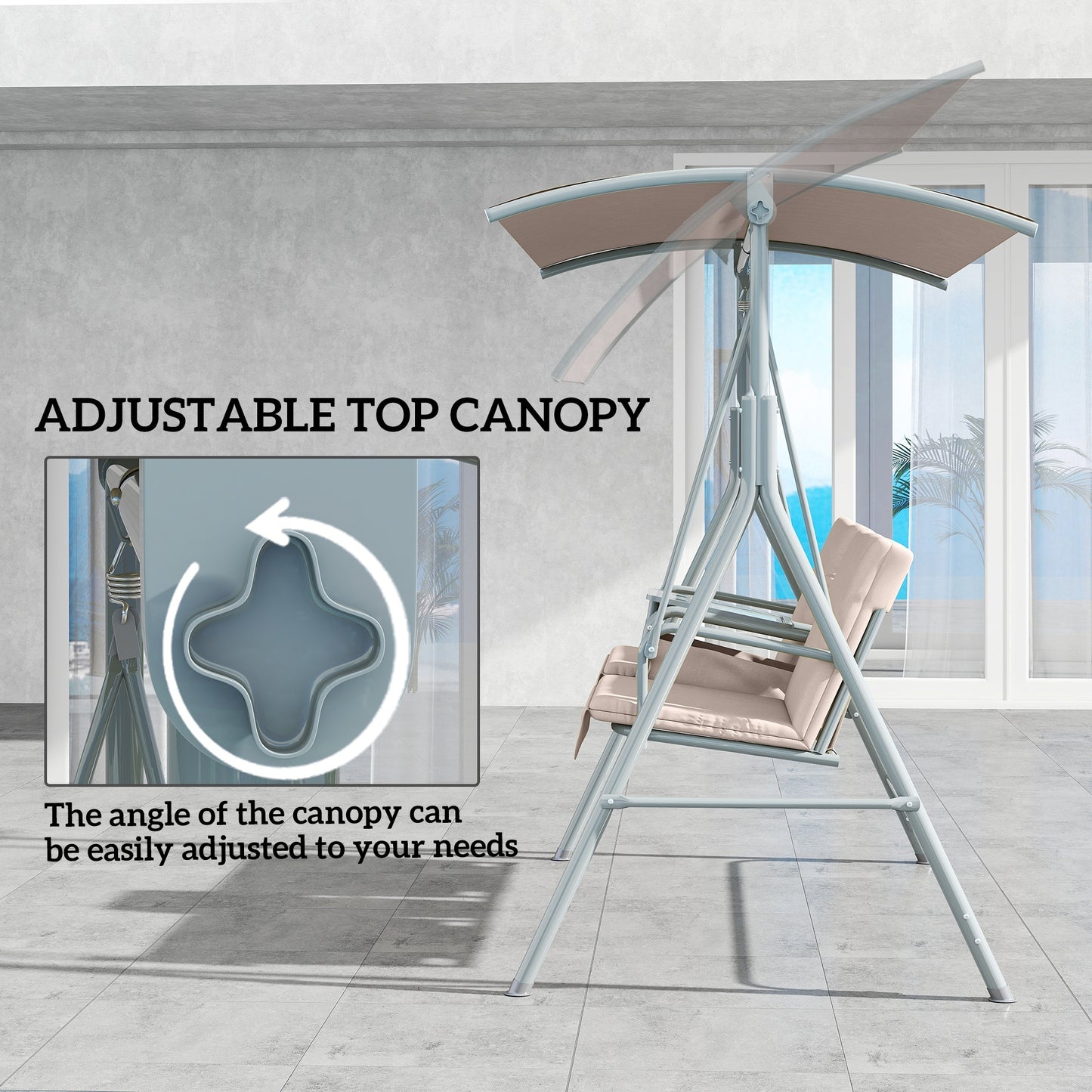2-Seater Outdoor Porch Swing With Canopy And Table, Patio Swing Chair For Garden, Poolside, Backyard, Beige