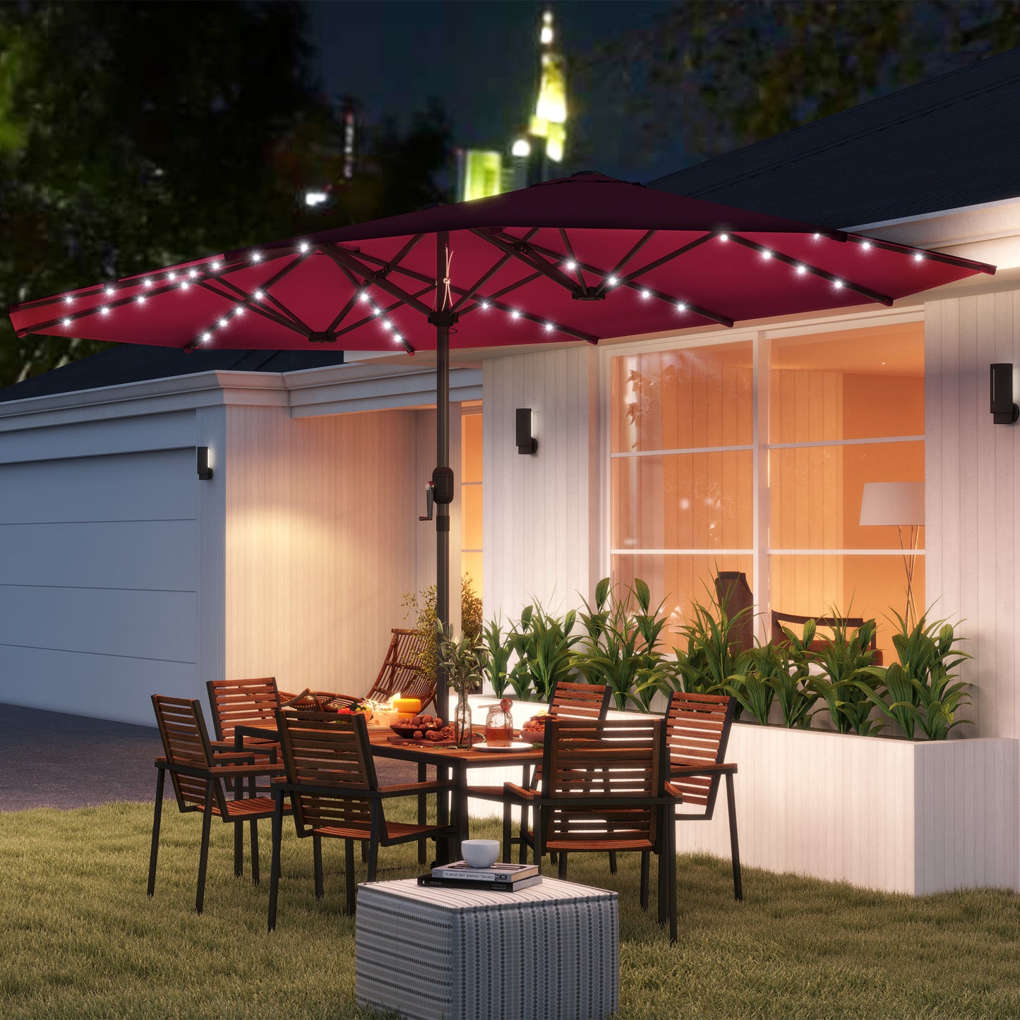 Garden Parasol, Double-Sided Sun Umbrella With LED Solar Lights, Patio Parasol For Outdoor, Wine Red