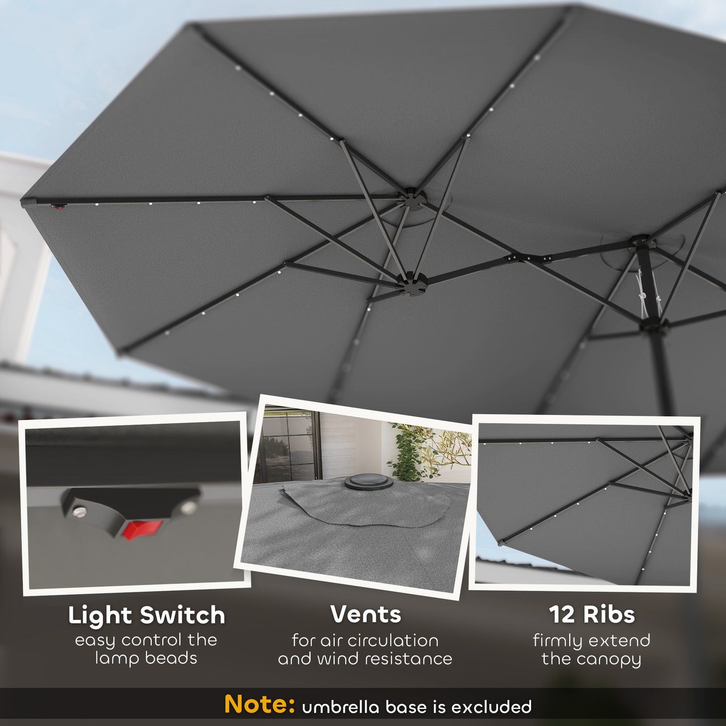 Garden Parasol, Double-Sided Sun Umbrella With LED Solar Lights, Patio Parasol For Outdoor, Gray