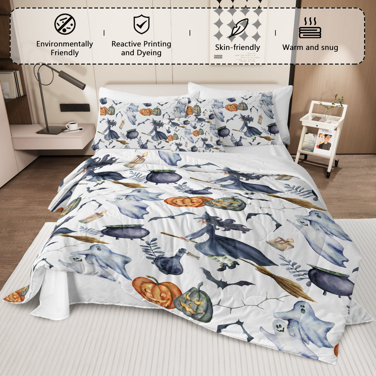 8 Pieces Halloween Comforter Set, Witch Pattern Bed In A Bag Bedding With Comforter Sheet Sham - 1 Comforter, 2 Pillow Shams, 1 Flat Sheet, 1 Fitted Sheet, 1 Cushion Cover, 2 Pillowcases