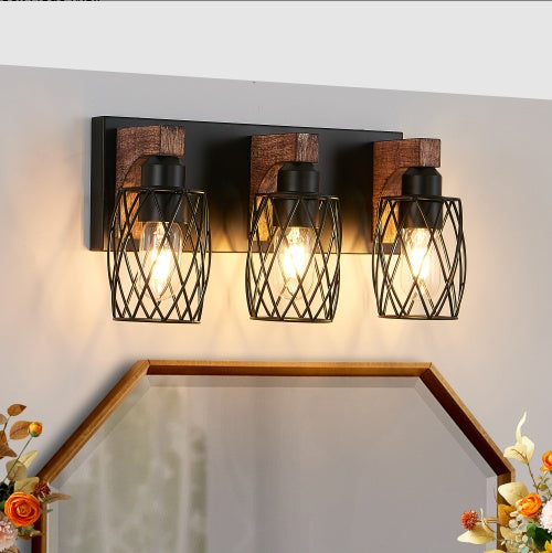 18 Industrial Vintage 3-Light Wall Sconce - Black Cage Wall Lighting Fixture With Wooden Accents For Bathroom, Hallway, Or Living Room Bulb Not Included