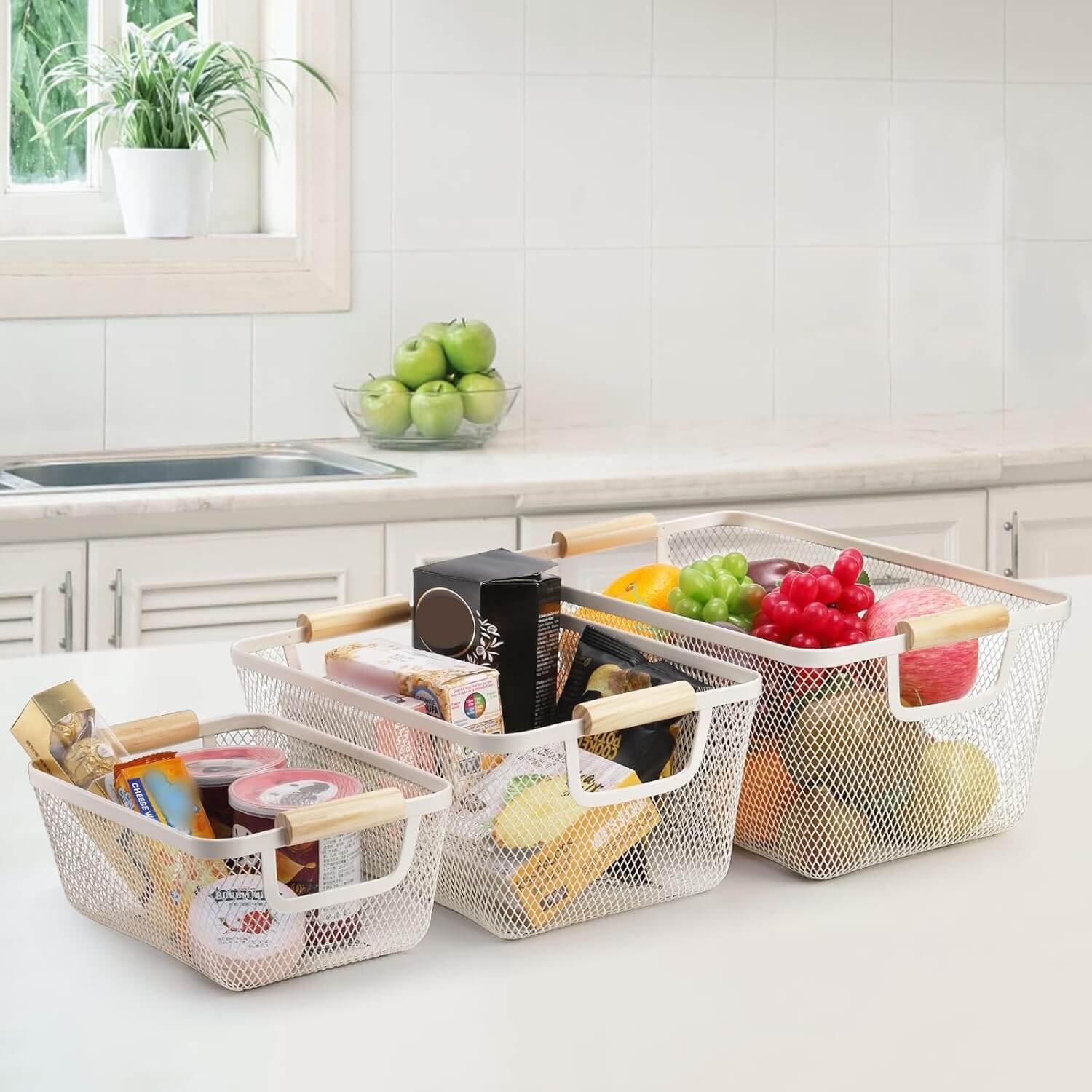 White Mesh Storage Basket with Wooden Handles-2