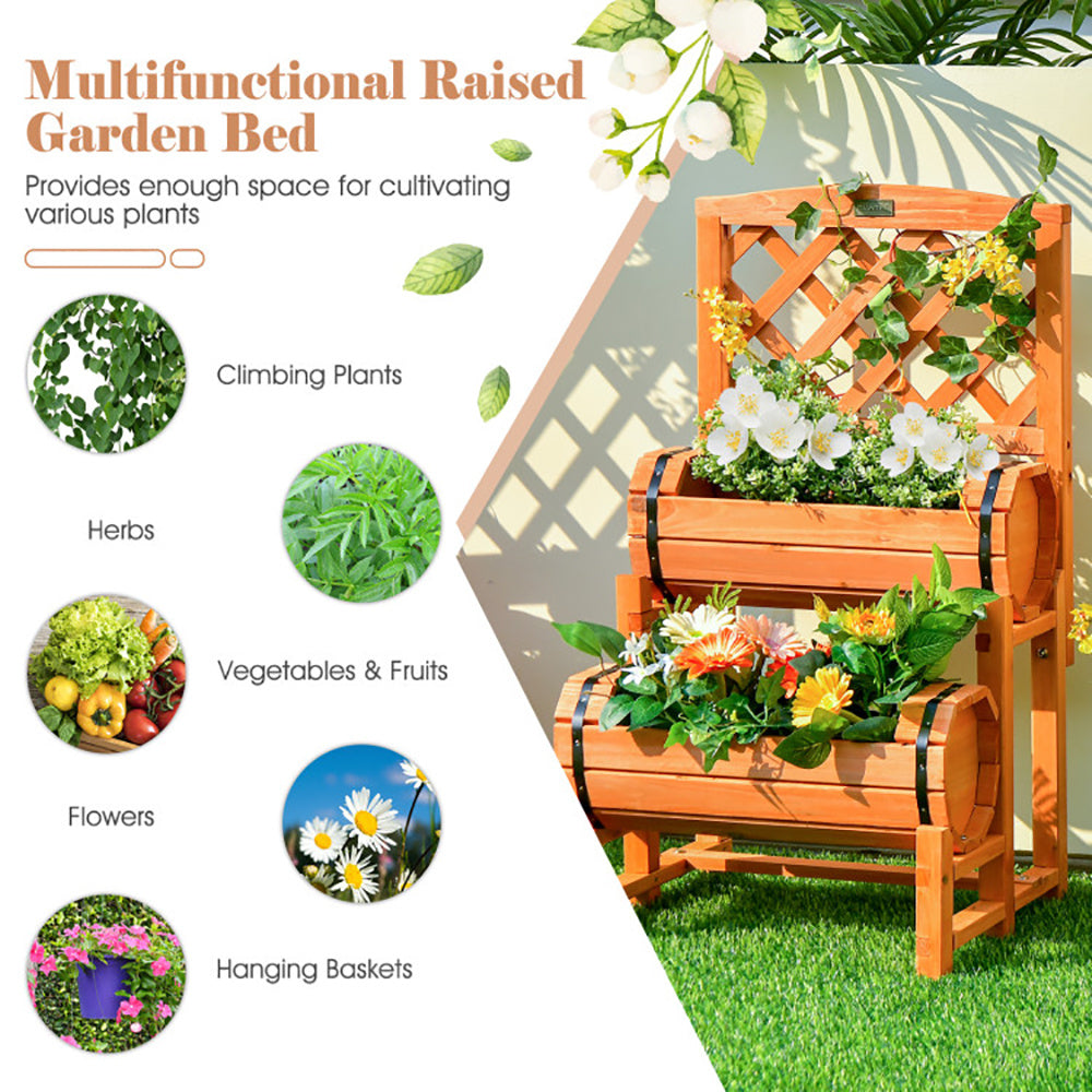 Wooden 2-Tier Raised Garden Bed With 2 Cylindrical Planter Boxes And Trellis