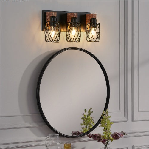 18 Industrial Vintage 3-Light Wall Sconce - Black Cage Wall Lighting Fixture With Wooden Accents For Bathroom, Hallway, Or Living Room Bulb Not Included