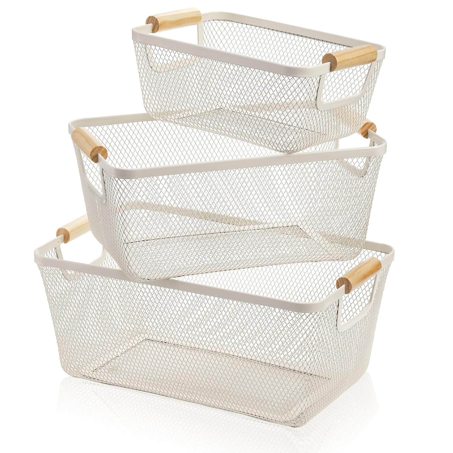 White Mesh Storage Basket with Wooden Handles-0