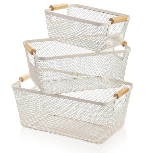 White Mesh Storage Basket with Wooden Handles-0