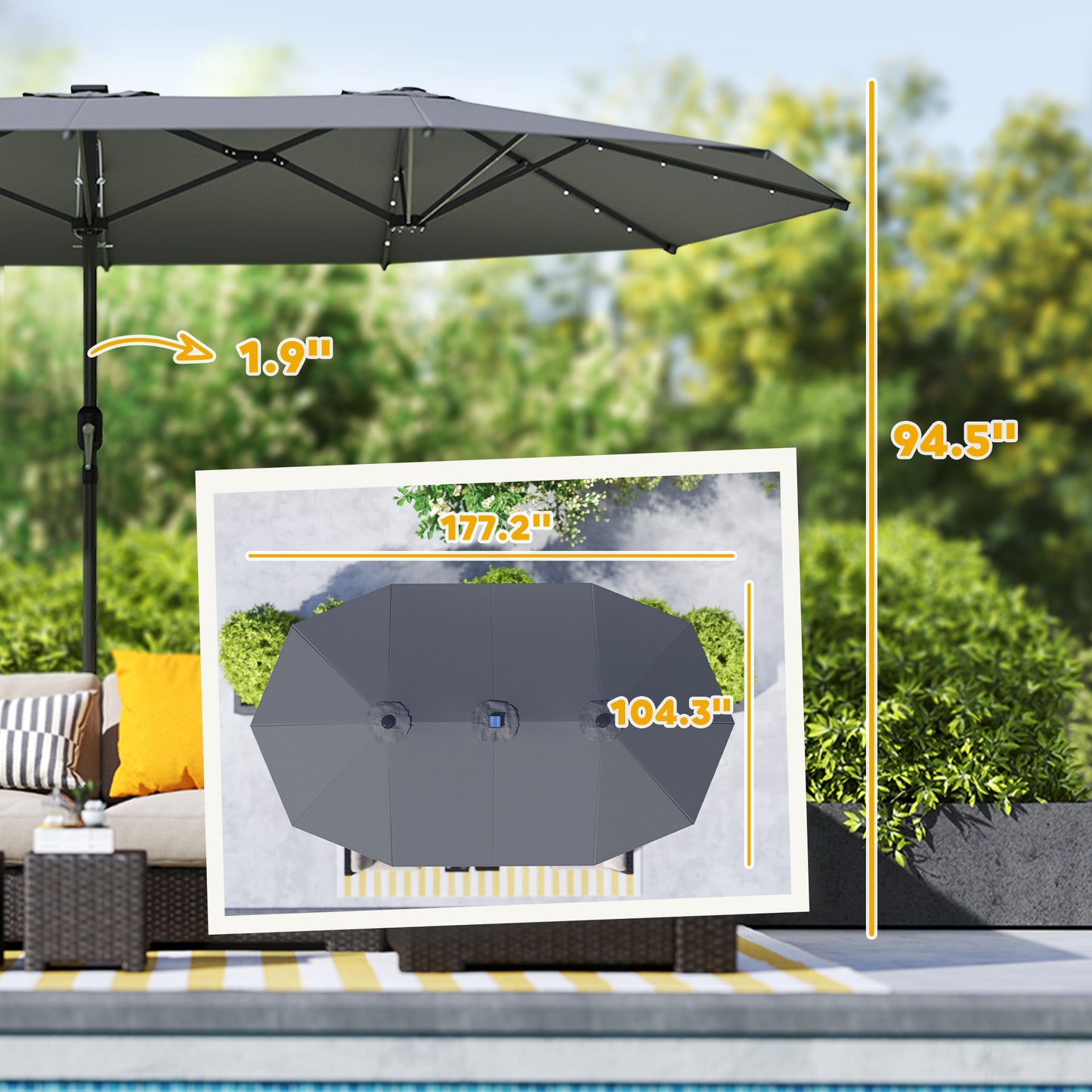 Garden Parasol, Double-Sided Sun Umbrella With LED Solar Lights, Patio Parasol For Outdoor, Gray