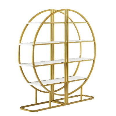 4 Tiers Home Office Open Bookshelf, Round Shape, Different Placement Ways, MDF Board, Gold Metal Frame, Golden