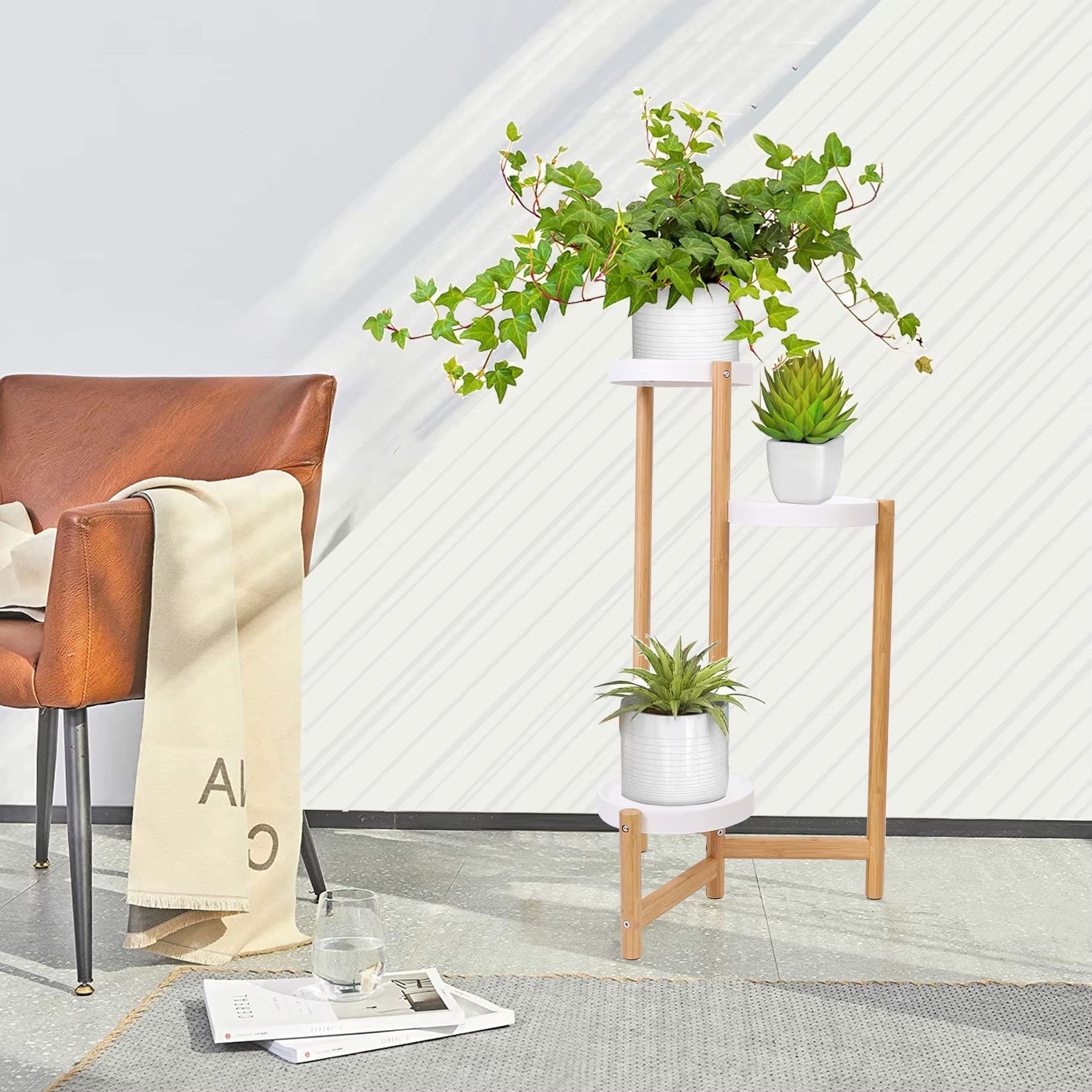 Bamboo Plant Stands Indoor, 3 Tier Tall Corner Plant Stand Holder & Plant Display Rack for Outdoor Garden