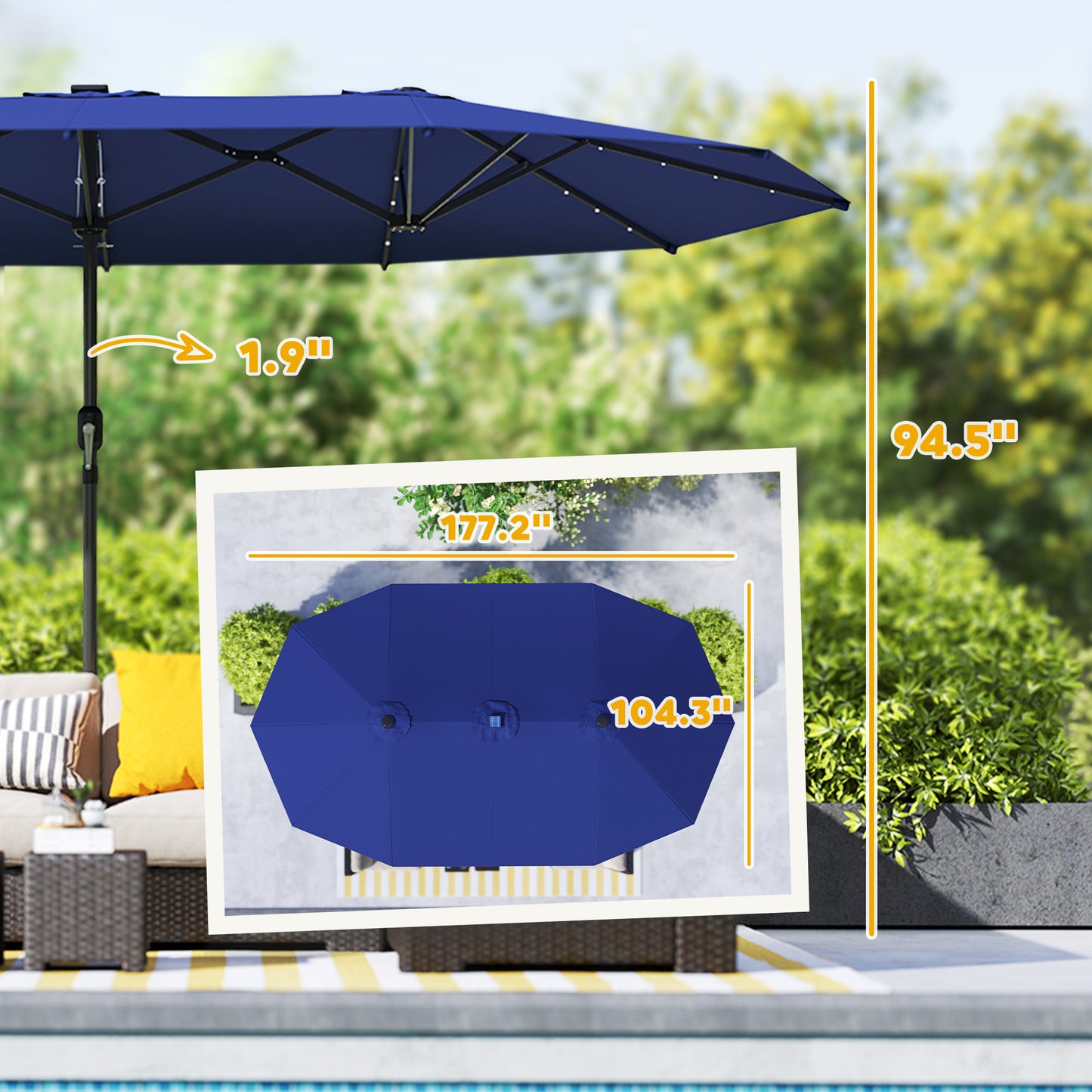 Garden Parasol, Double-Sided Sun Umbrella With LED Solar Lights, Patio Parasol For Outdoor, Navy Blue