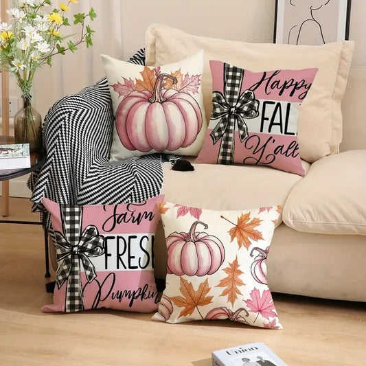 4Pcs Pillow Covers 18x18In Pumpkin Maple Leaf Throw Cushion Cover Happy Fall Pillow Cushion Case For Thanksgiving Sofa Couch Bedroom Home Office Farmhouse Decorations