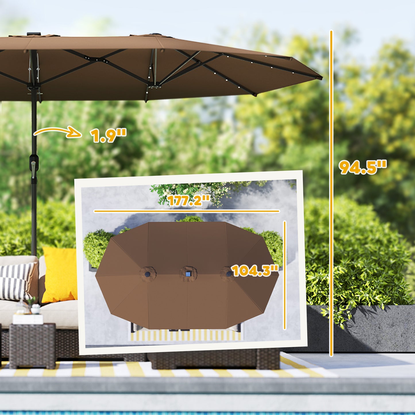 Garden Parasol, Double-Sided Sun Umbrella With LED Solar Lights, Patio Parasol For Outdoor, Coffee