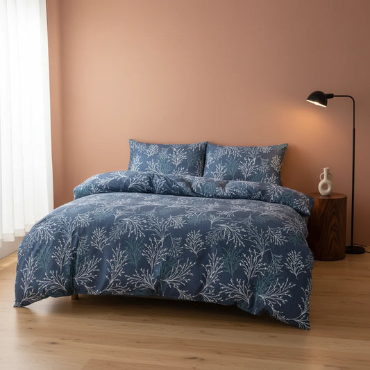 Blue Plant and Flower Pattern Bedspread 3-Piece Set-0