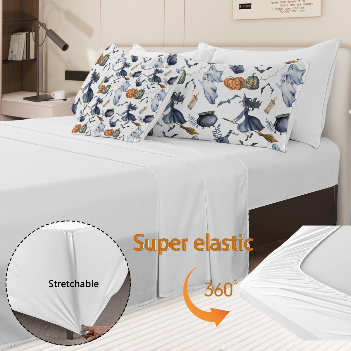 8 Pieces Halloween Comforter Set, Witch Pattern Bed In A Bag Bedding With Comforter Sheet Sham - 1 Comforter, 2 Pillow Shams, 1 Flat Sheet, 1 Fitted Sheet, 1 Cushion Cover, 2 Pillowcases