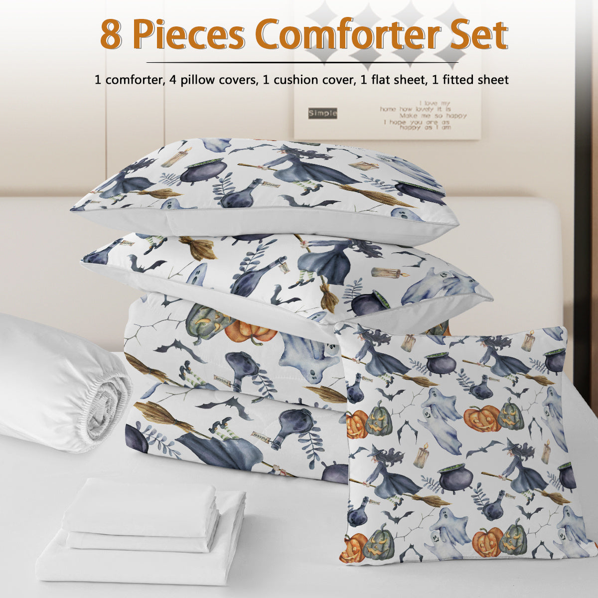 8 Pieces Halloween Comforter Set, Witch Pattern Bed In A Bag Bedding With Comforter Sheet Sham - 1 Comforter, 2 Pillow Shams, 1 Flat Sheet, 1 Fitted Sheet, 1 Cushion Cover, 2 Pillowcases