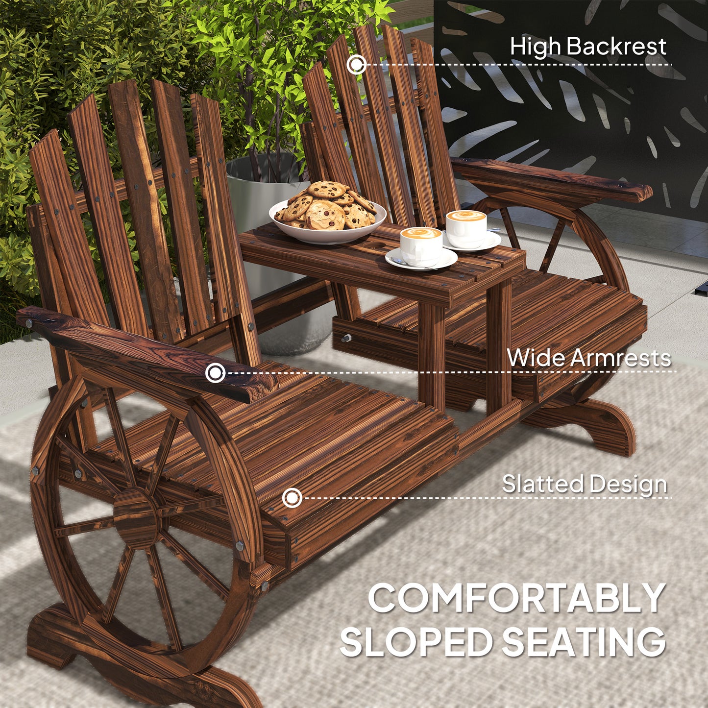 2-Seat Wooden Garden Bench With Table, Umbrella Hole, High Backrest, Armrests For Backyard, Patio, Garden, Carbonized