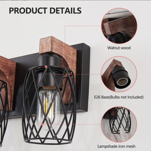 18 Industrial Vintage 3-Light Wall Sconce - Black Cage Wall Lighting Fixture With Wooden Accents For Bathroom, Hallway, Or Living Room Bulb Not Included