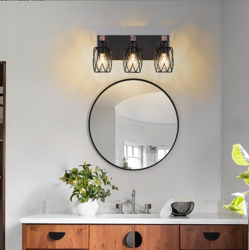 18 Industrial Vintage 3-Light Wall Sconce - Black Cage Wall Lighting Fixture With Wooden Accents For Bathroom, Hallway, Or Living Room Bulb Not Included