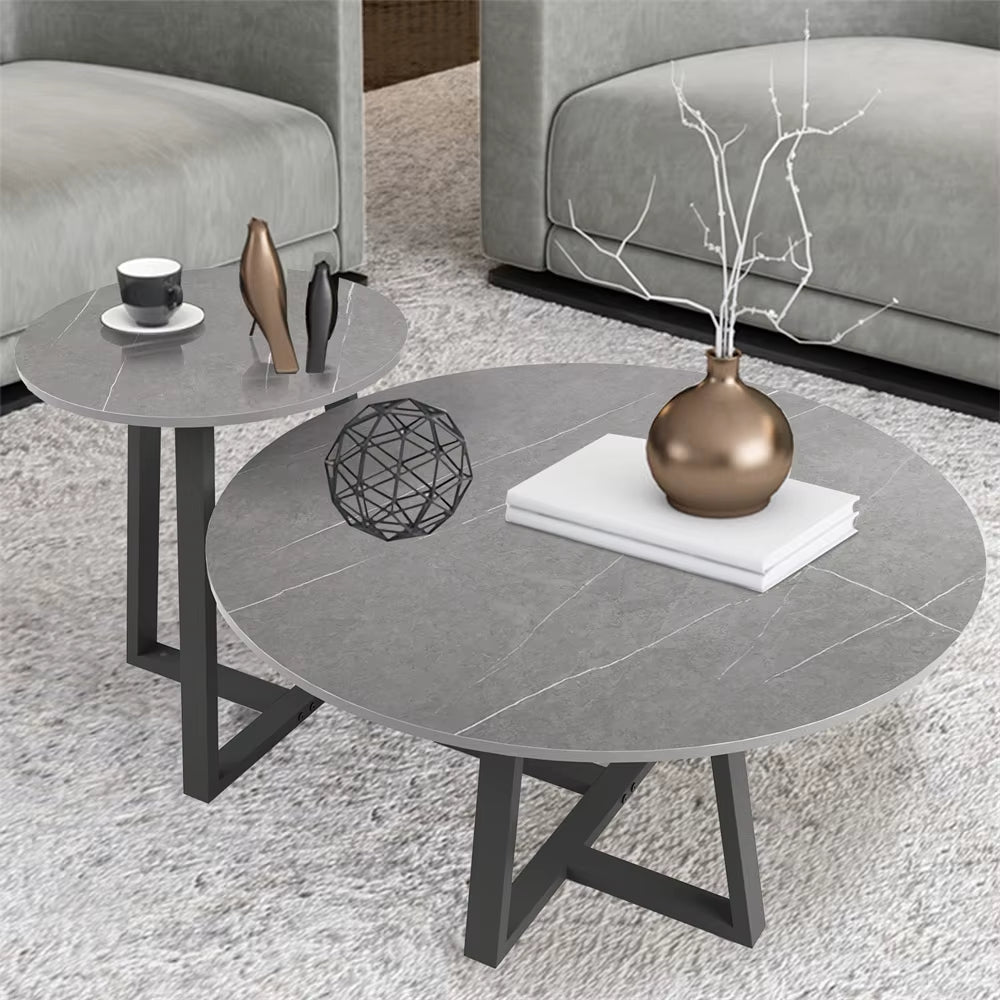 Round Modern Marble Nesting Coffee Set of 2, Stacking Living Room Accent Tables Furniture Sintered Stone Tabletop End Table