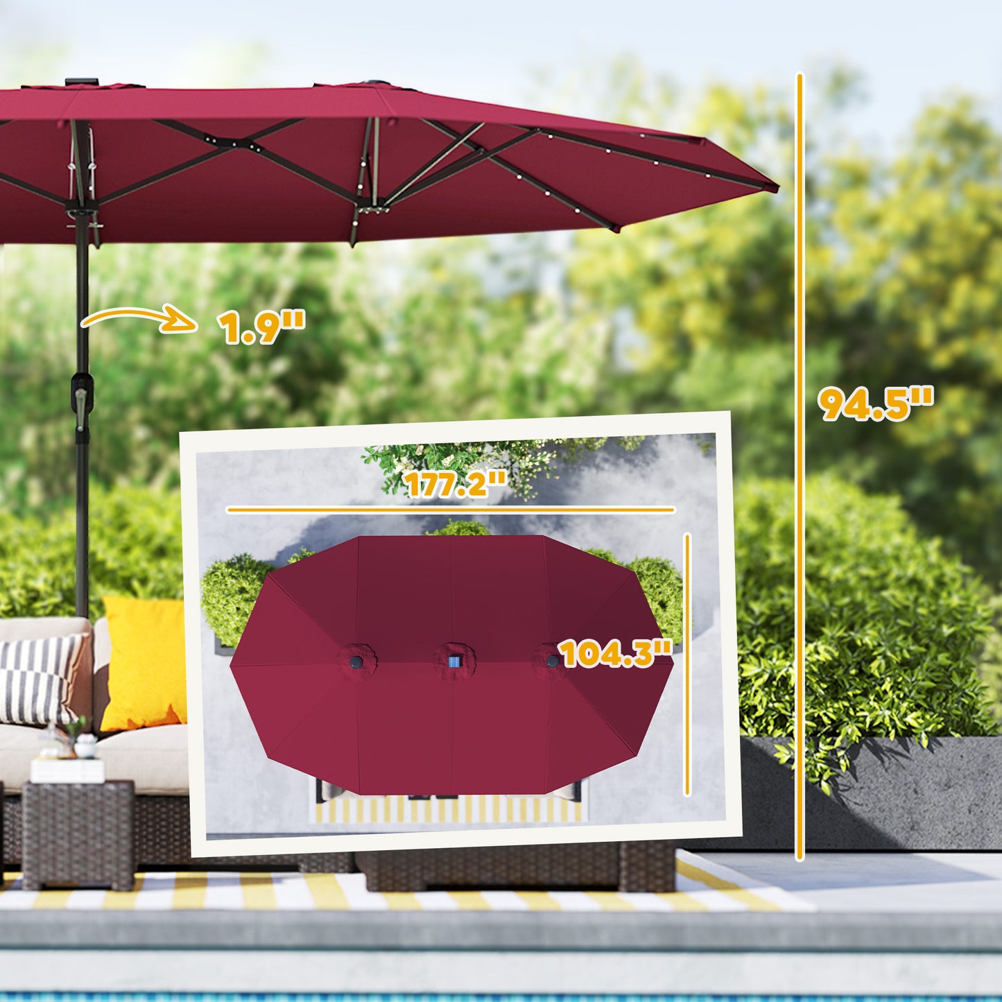 Garden Parasol, Double-Sided Sun Umbrella With LED Solar Lights, Patio Parasol For Outdoor, Wine Red