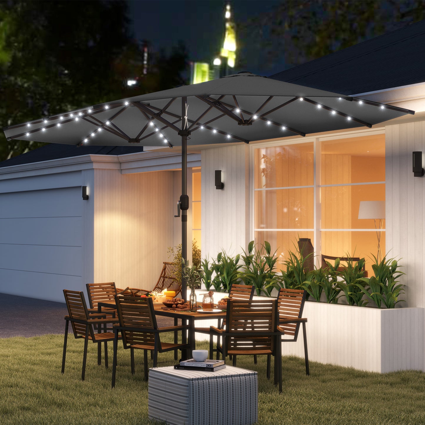 Garden Parasol, Double-Sided Sun Umbrella With LED Solar Lights, Patio Parasol For Outdoor, Gray