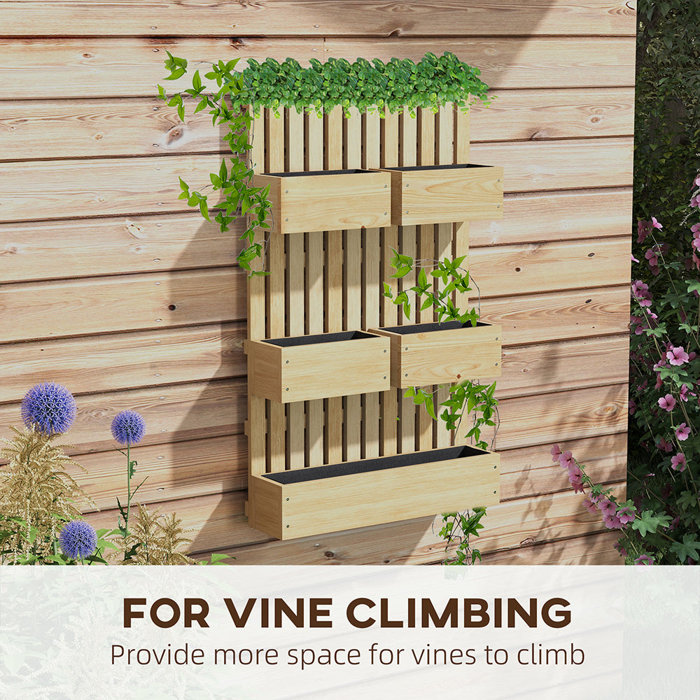 5 Box Raised Garden Bed Trellis For Climbing Plants, Wall-Mounted Wood Planters Drainage Holes, Natural