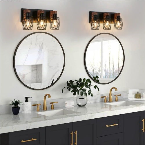 18 Industrial Vintage 3-Light Wall Sconce - Black Cage Wall Lighting Fixture With Wooden Accents For Bathroom, Hallway, Or Living Room Bulb Not Included
