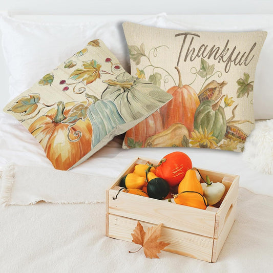4Pcs Thanksgiving Fall Throw Pillows Cushion Case 18x18in Set Of 4 Pumpkin Watercolor Farmhouse Pillowcase For Thanksgiving Day Harvest Festival Party Autumn Home Sofa Couch Bed Chair