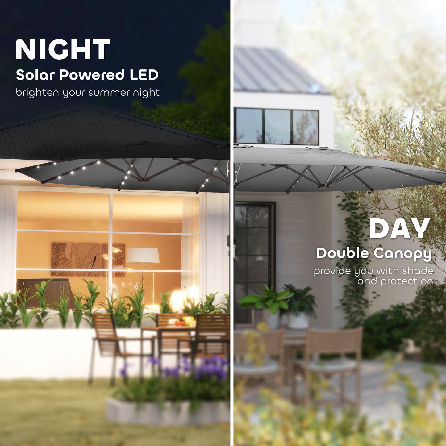 Garden Parasol, Double-Sided Sun Umbrella With LED Solar Lights, Patio Parasol For Outdoor, Gray